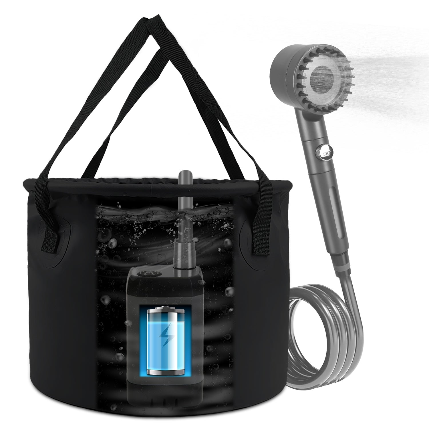 Portable Shower for Camping Include IPX7 Waterproof 6000mAh Rechargeable Shower Pump Filtered Shower Head 5.3Gallon Foldable Bucket For Hiking Beach T